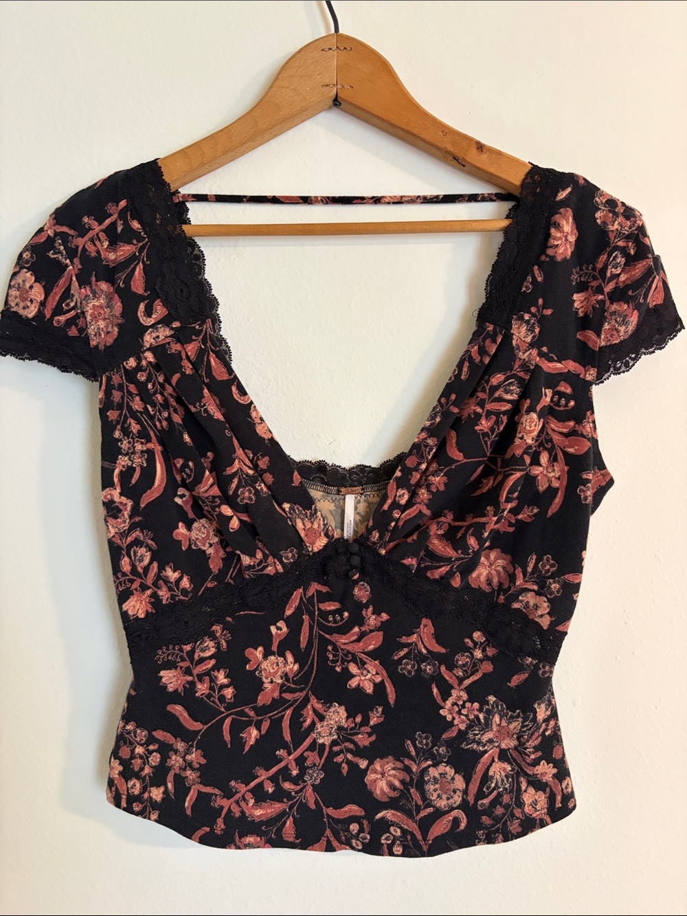 Free People Black Cap Sleeve Top with Floral Print